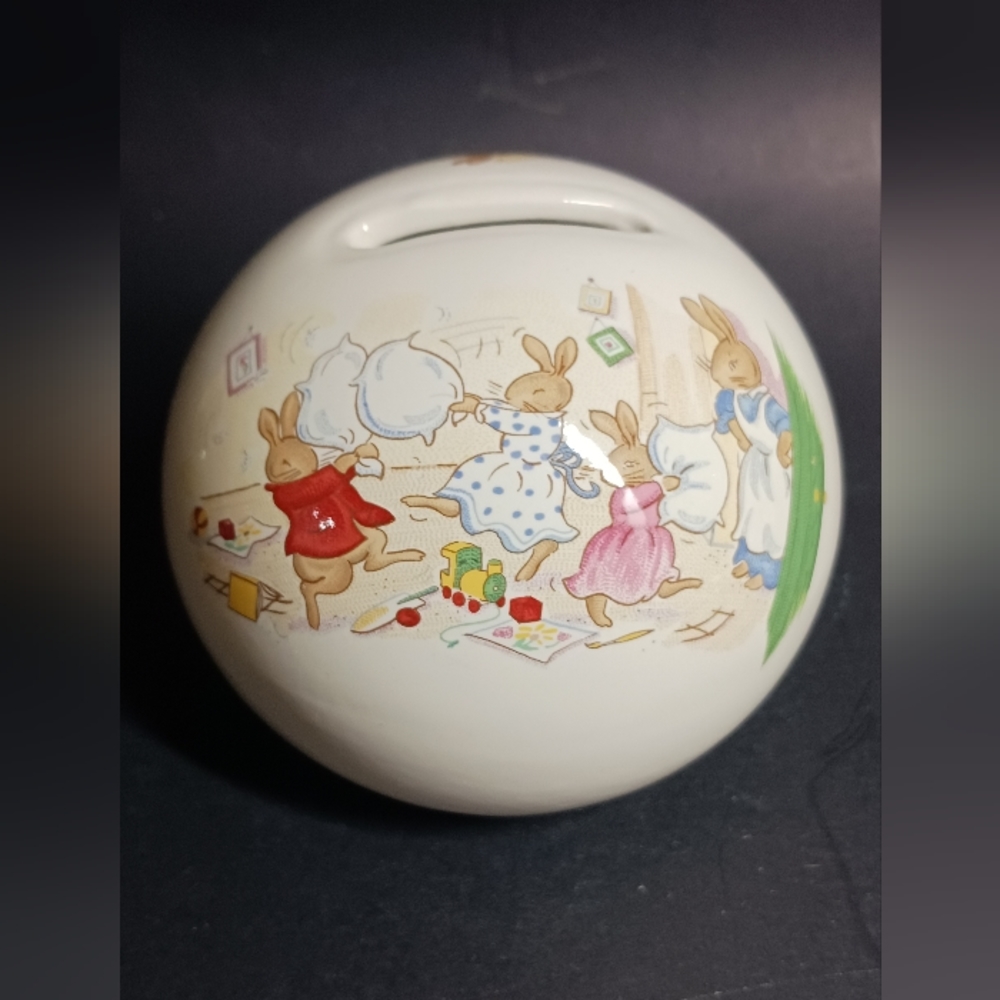 Royal Doulton “Bunnykins” Pillow Fighting Scene Coin Bank Stamped 1936